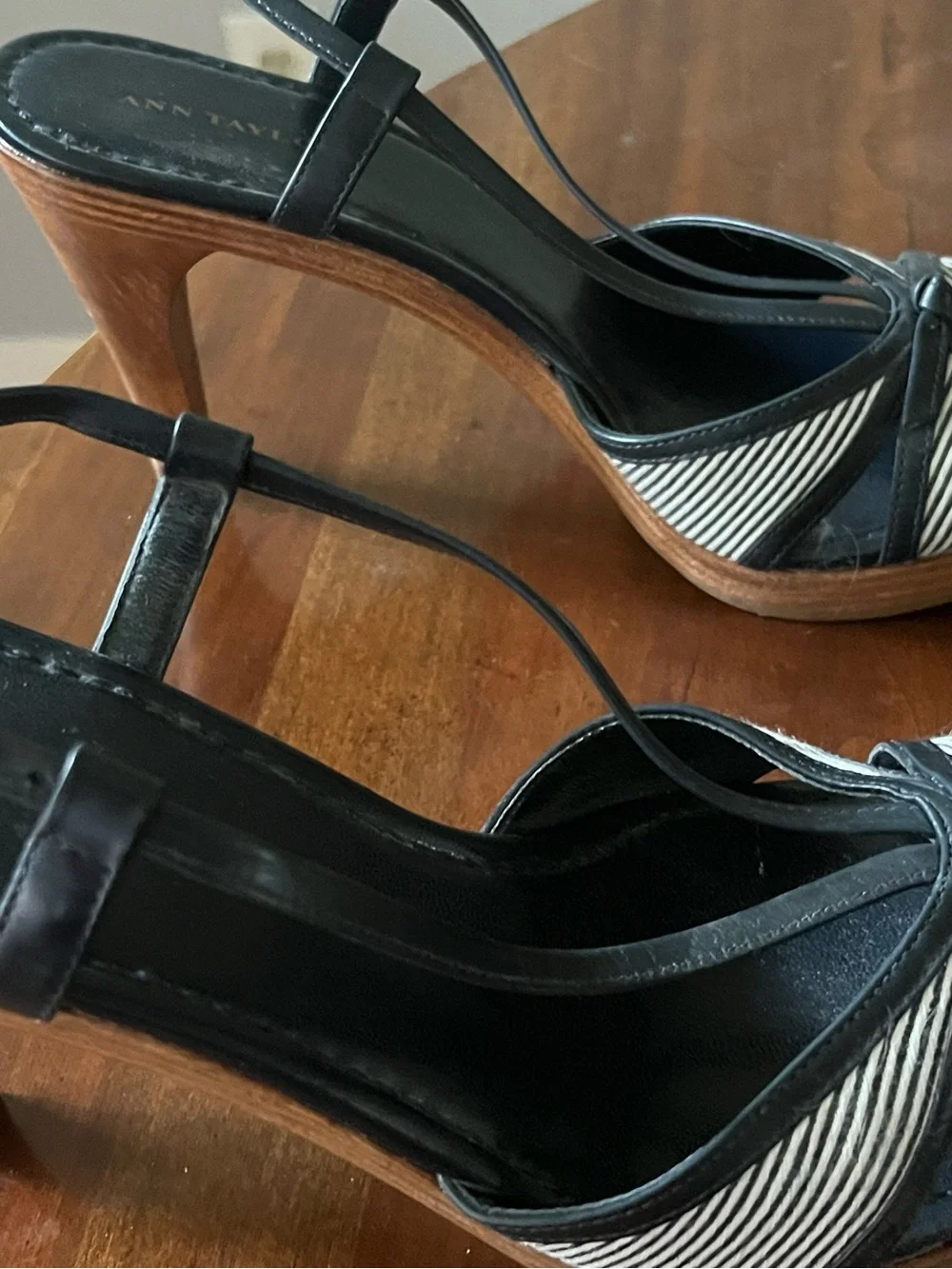 Ann Taylor Navy Strappy Heels with Navy-and-White Striped Toe